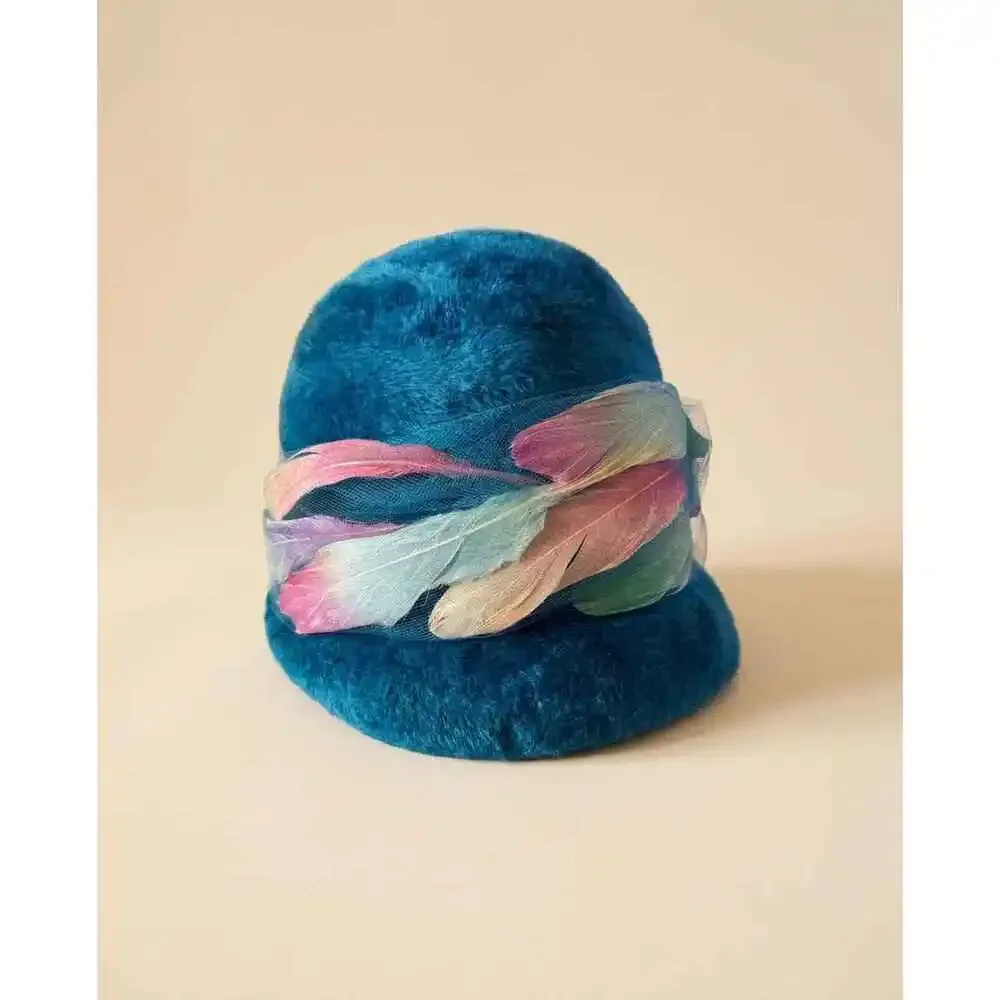 Vintage Christian Dior Chapeaux Turquoise Cloche Hat | Feather Trim Designer Ha